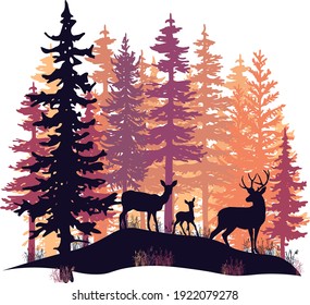 Deer with antlers, doe, fawn posing in magic misty forest. Silhouettes illustration. Orange, violet and pink coniferous trees.