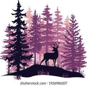 Deer with antlers, doe, fawn posing in magic misty forest. Silhouettes illustration. Coniferous trees.