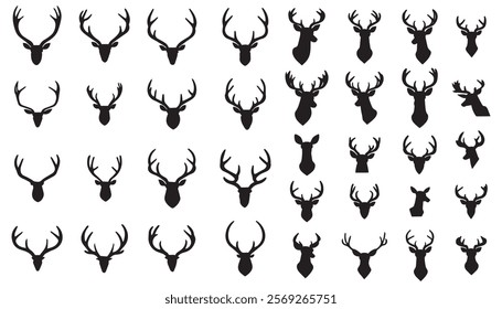 Deer antlers elk silhouettes collection in black color. Clip art of reindeer stag heads symbols.