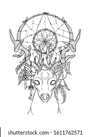 Deer with antlers, feathers and dreamcatcher. Hand drawn vintage vector Illustration. Graphic sketch for tattoo, poster, clothes, t-shirt design, pins, badges, stickers and coloring book