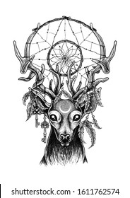 Deer with antlers, feathers and dreamcatcher. Hand drawn vintage vector Illustration. Graphic sketch for tattoo, poster, clothes, t-shirt design, pins, badges, stickers and coloring book