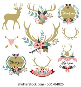 Deer antlers with flowers, Deer and Floral clipart, Thank you clipart, Love you vectors, Shabby Chic, Wedding invitation, floral bouquett