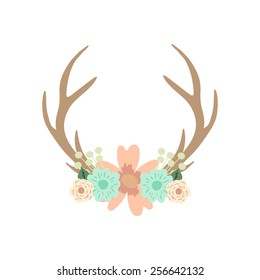 Deer Antlers And Flowers. Vector Illustration.