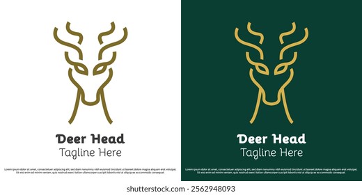 Deer antlers head logo design vector illustration. Wildlife animal silhouette zoo forest deer antelope fawn elk moose stag jungle outdoor gazelle hill. Simple minimal linear line vector icon symbol .