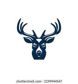 Deer with antlers isolated head mascot. Vector elk horned animal, stag or buck front view