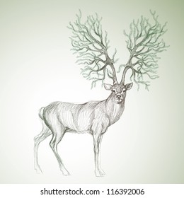 Deer with antlers like Christmas tree / Surreal vector sketch