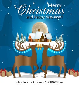 
Deer antlers on snowy houses and trees. Moon behind houses. Blue background. Brown colored deers. Vector-illustrator