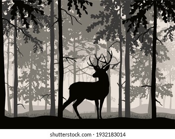 Venado posando con antorchas, fondo de bosque, siluetas de árboles. Magico paisaje de niebla. Ilustración. 