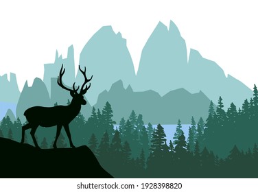 Deer with antlers posing on the top of the hill with mountains and the forest in background. Silhouette with green background, illustration.