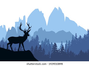 Deer with antlers posing on the top of the hill with mountains and the forest in background. Silhouette with blue background, illustration.