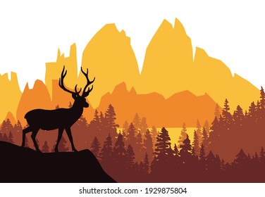 Deer with antlers posing on the top of the hill with mountains and the forest in background. Silhouette with orange and brown background, illustration.