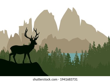 Deer with antlers posing on the top of the hill with mountains and the forest in background. Silhouette with green, blue and brown background, illustration.