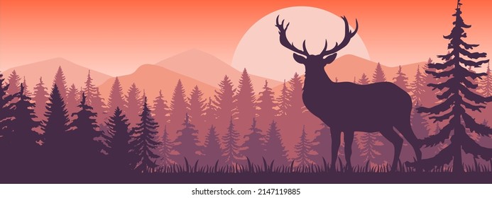 Deer with antlers posing on the top of the hill with mountains and the forest in background. Silhouette with orange and brown background, illustration. EPS