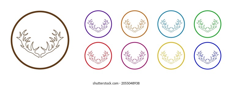 Deer antlers, round icon in different colors on a white background. Set of vector icons. 
