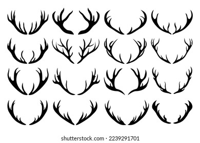 Deer antlers silhouette, Black graphic vector isolated set on white background.