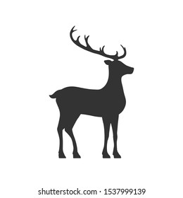 Deer with antlers symbol is a black silhouette. Wild forest animal side view. Vector illustration isolated on white background