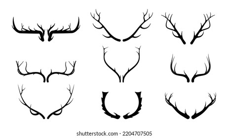 Deer antlers vector set. Hand drawn silhouettes of hunting trophies.Silhouette of the horns of a wild elk, roe deer on a white background. 