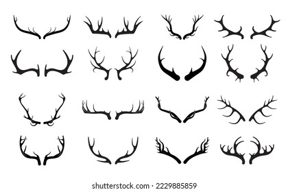 Deer antlers vector set. Hand drawn silhouettes of hunting trophies.Silhouette of the horns of a wild elk, roe deer on a white background. 