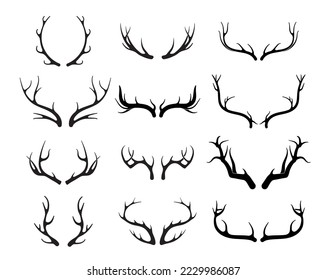 Hirschantler, Vektorset. Handgezeichnete Silhouetten von Jagdtrophäen.Silhouette der Hörner eines wilden Elchs, Rotwild auf weißem Hintergrund. 