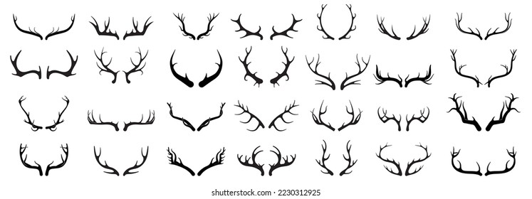 Deer antlers vector set. Hand drawn silhouettes of hunting trophies.Silhouette of the horns of a wild elk, roe deer on a white background. 