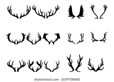 Deer antlers vector set. Silhouette of the horns of a wild elk, roe deer on a white background.