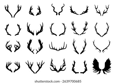 Deer antlers vector set. Silhouette of the horns of a wild elk, roe deer on a white background.