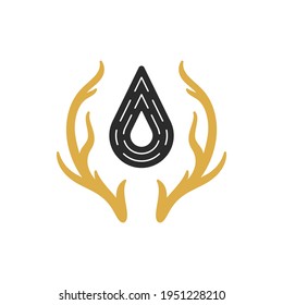 Deer antlers with water drop hand drawn silhouette vector illustration. Witchcraft drawing for poster and mystic logo emblem decoration or fashion print.