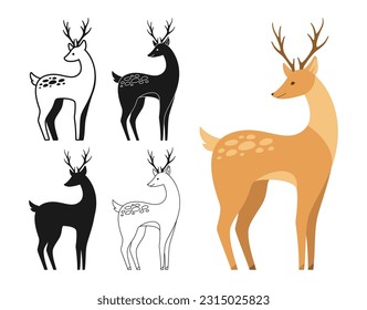 Deer and antlers wild animal cartoon style set  Forest mammal deer side view symbol  line doodle  stamp silhouette collection  Flat character animal icon  Hand drawn simple abstract zoo vector