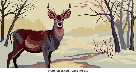 Deer with antlers in the winter forest