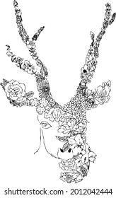 Deer art illustration made from flowers and leaves
