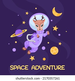 Astronauta venado en traje espacial para el volante de la fiesta de cumpleaños, niños imprimen textura y ducha de bebé. Un animal lindo con planetas y estrellas lunares en el espacio abierto. Ilustración de dibujos animados