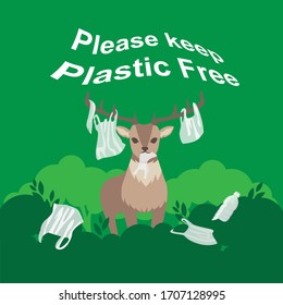 The Deer ate a plastic bag and a bag hanging on his horn. Plastic pollution,Vector Illustration