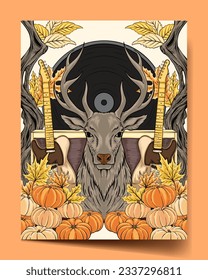 Deer Autumn Fall Flat Illustration Cover Banner Poster