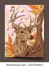 Cartel de la cubierta de la ilustración plana de otoño de ciervo