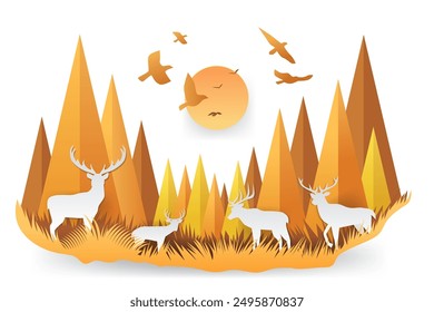 Deer in autumn forest landscape with mountains sun and birds in paper cut style