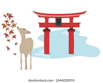 É veado e folhas de outono em Miyajima, Hiroshima.