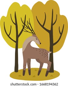 Hirsch- und Herbstbäume. Vektorillustration.