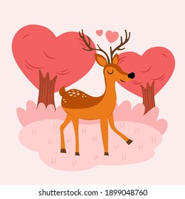 Deer baby character fall in love, cute cartoon deer with flower on a pink background with love tree