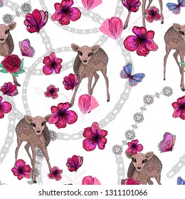 deer baby, flowers, butterflies and chain elements, seamless vector pattern