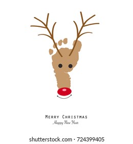 Deer with baby foot print. Happy new year and merry christmas greeting card