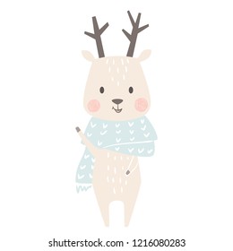 Deer baby winter print. Cute animal in warm scarf christmas card. Cool reindeer illustration for nursery, t-shirt, kids apparel, party and baby shower invitation. Simple scandinavian child design.