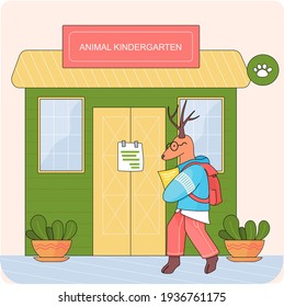Deer with backpack and notebook goes to kindergarten. Colored building with window and plants