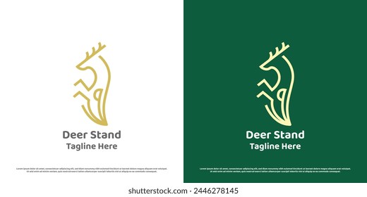 Deer badge logo design illustration. Linear silhouette of standing deer body reindeer elk fawn doe stag hill animal stand badge stamp hunter club. Simple crest modern geometric minimalist icon symbol.