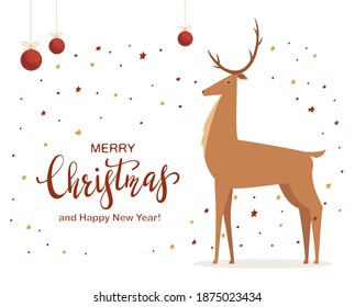 Deer with balls and stars. Text Merry Christmas and animal isolated on white background. Illustration can be used for holiday design, card, children's clothing or things design, invitations, banners