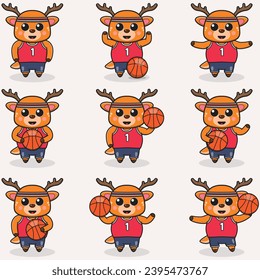 Deer Basketball set. Funny Deer doing Basketball. Cute cartoon character vector set isolated on a white background. Cartoon animal sport. Animal cartoon. 