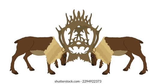 Deer battle vector illustration isolated on white background. Reindeer powerful buck with huge antlers. Rein deer fighting for female. Struggle in forest. Zoo animal nature. Christmas holiday symbol.