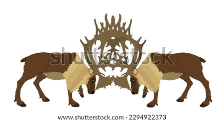 Deer battle vector illustration isolated on white background. Reindeer powerful buck with huge antlers. Rein deer fighting for female. Struggle in forest. Zoo animal nature. Christmas holiday symbol.