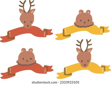 Deer and bear autumn color ribbon heading and frame illustration set