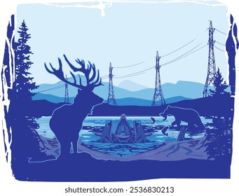 Veado e urso por linhas de energia - tons de azul sereno