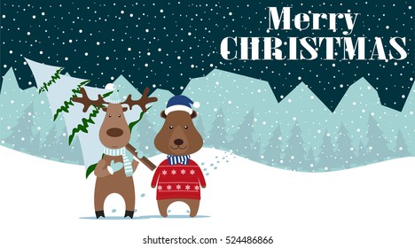 Deer and Bear Merry Christmas and Happy New Year! Happy new year card, new years eve,new year greetings,new year messages,new year greeting,new year day